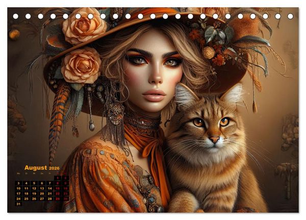Produktbild: Luxuri&ouml;ser Bohemian Flair - Elegante Frauen mit anmutigen Katzen (Tischkalender 2026 DIN A5 quer), CALVENDO Monatskalender