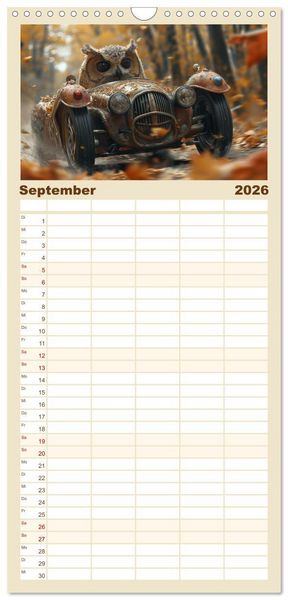 Produktbild: Familienplaner 2026 - Tierische Rennfahrer - Mit Tieren im Oldtimer durch das Jahr mit 5 Spalten (Wandkalender, 21 x 45 cm) CALVENDO