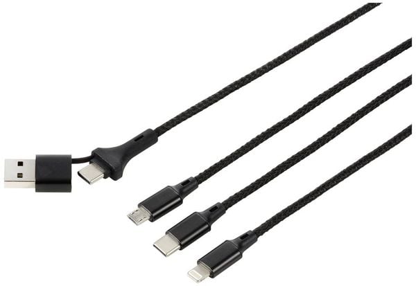 Produktbild: USB-Ladekabel USB 2.0 USB-A Stecker, USB-C&reg; Stecker, USB-Micro-B Stecker, Apple Lightning Stecker, USB-C&reg; Stecker 2.00 m Schwarz Aluminium-Stecker