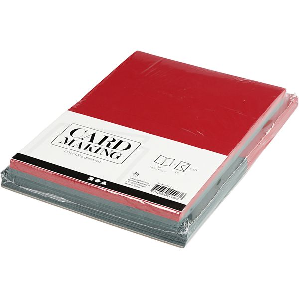 Produktbild: Creativ Company Karten & Kuverts, Kartengr&ouml;&szlig;e 10,5x15 cm, Umschlaggr&ouml;&szlig;e 11,5x16,5 cm, 110+230 g, Gr&uuml;n, Rot, 50 Set