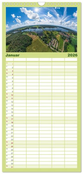 Produktbild: Familienplaner 2026 - Meine Heimat von oben ... Luftaufnahmen vom Fr&auml;nkischen Seenland mit 5 Spalten (Wandkalender, 21 x 45 cm) CALVENDO