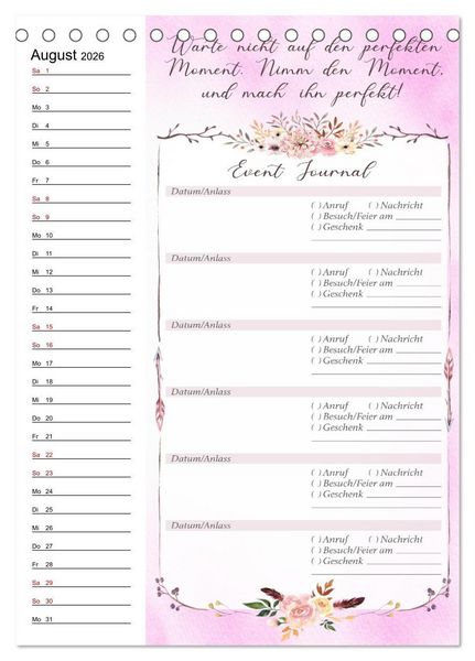 Produktbild: Geburtstagsplaner Boho Rosa - F&uuml;r Termine, Geschenke, Eventdetails & mehr (Tischkalender 2026 DIN A5 hoch), CALVENDO Monatskalender