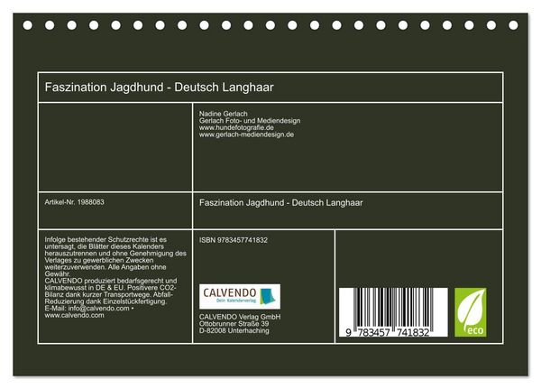 Produktbild: Faszination Jagdhund - Deutsch Langhaar (Tischkalender 2026 DIN A5 quer), CALVENDO Monatskalender
