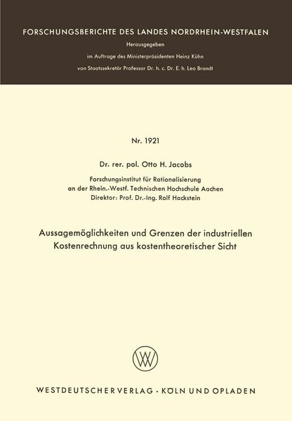 Produktbild: Aussagem&ouml;glichkeiten und Grenzen der industriellen Kostenrechnung aus kostentheoretischer Sicht