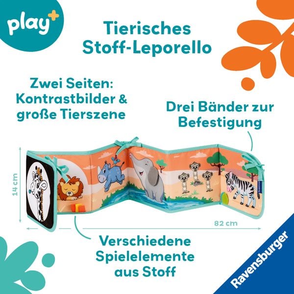 Produktbild: Ravensburger 4856 - play+ Mein allererstes Stoffbuch, für die Bauchlage: Wilde Tiere (Leporello)