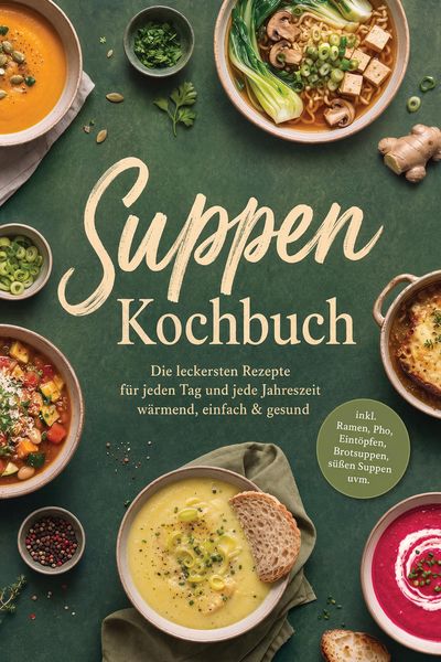 Produktbild: Suppen Kochbuch: Die leckersten Rezepte f&uuml;r jeden Tag und jede Jahreszeit - w&auml;rmend, einfach & gesund - inkl. Ramen, Pho, Eint&ouml;pfen, Brotsuppen, s&uuml;&szlig;en