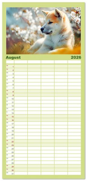 Produktbild: Familienplaner 2026 - Akita Inu in der Natur. Japans edle und sanfte Sch&ouml;nheit mit 5 Spalten (Wandkalender, 21 x 45 cm) CALVENDO