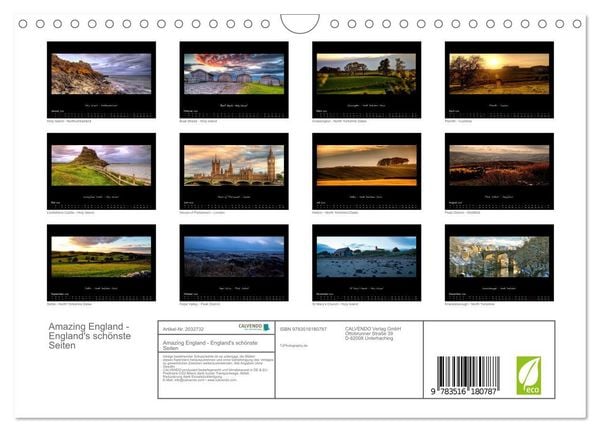 Produktbild: Amazing England - England's sch&ouml;nste Seiten (Wandkalender 2026 DIN A4 quer), CALVENDO Monatskalender