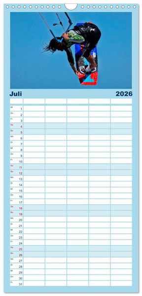 Produktbild: Familienplaner 2026 - Kitesurfen - &uuml;ber den Wellen mit 5 Spalten (Wandkalender, 21 x 45 cm) CALVENDO