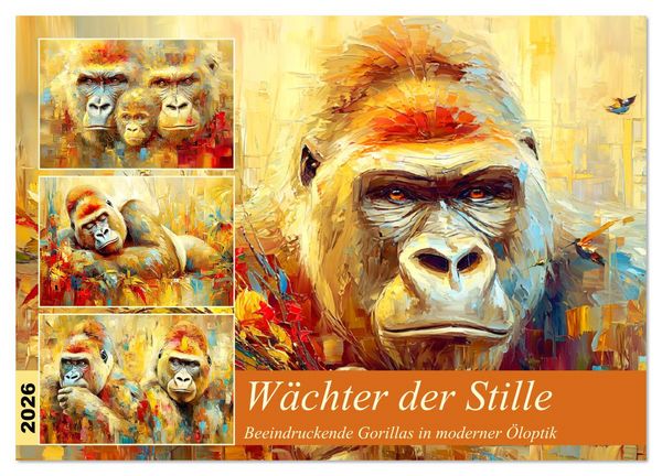 Wächter der Stille. Beeindruckende Gorillas in moderner Öloptik (Wandkalender 2026 DIN A3 quer), CALVENDO Monatskalender