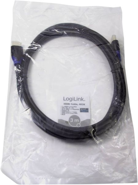 Produktbild: LogiLink HDMI Anschlusskabel HDMI-A Stecker, HDMI-A Stecker 3.00 m Schwarz CH0063 4K UHD, Audio Return Channel, vergoldete Steckkontakte HDMI-Kabel