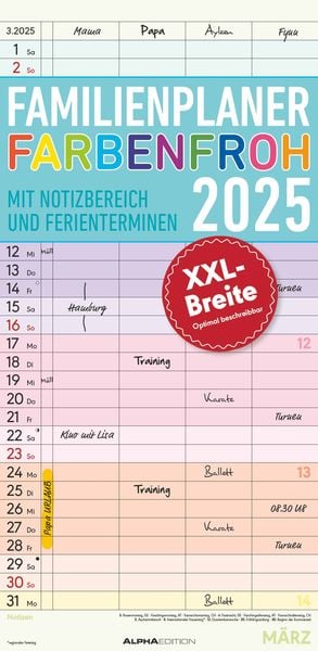 Alpha Edition - Familienplaner Farbenfroh 2025 Familienkalender, 22x45cm, Kalend