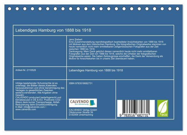 Produktbild: Lebendiges Hamburg von 1888 bis 1918 (Tischkalender 2026 DIN A5 quer), CALVENDO Monatskalender