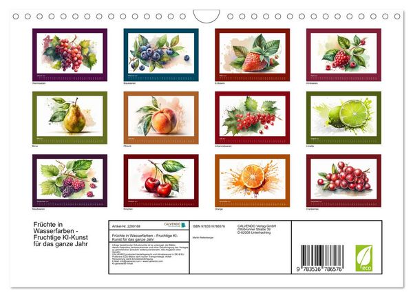 Produktbild: Fr&uuml;chte in Wasserfarben - Fruchtige KI-Kunst f&uuml;r das ganze Jahr (Wandkalender 2027 DIN A4 quer), CALVENDO Monatskalender