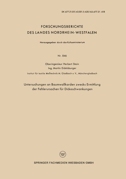 Produktbild: Untersuchungen an Baumwollkarden zwecks Ermittlung der Fehlerursachen f&uuml;r Dickeschwankungen