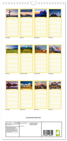Produktbild: Familienplaner 2027 - Leuchtende Dolomiten mit 5 Spalten (Wandkalender, 21 x 45 cm) CALVENDO