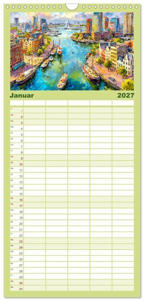 Produktbild: Familienplaner 2027 - Niederlande. Aquarelle zwischen Grachten und Tulpenfeldern mit 5 Spalten (Wandkalender, 21 x 45 cm) CALVENDO