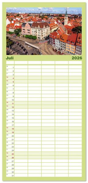 Produktbild: Familienplaner 2026 - Landeshauptstadt Erfurt - Reise durch das sch&ouml;ne Th&uuml;ringen mit 5 Spalten (Wandkalender, 21 x 45 cm) CALVENDO