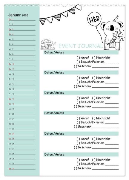 Produktbild: Geburtstagsplaner Doodle Tiere - F&uuml;r Termine, Geschenke, Eventdetails & mehr (hochwertiger Premium Wandkalender 2026 DIN A2 hoch), Kunstdruck in Hochglanz