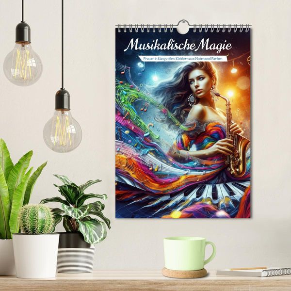 Produktbild: Musikalische Magie &ndash; Frauen in klangvollen Kleidern aus Noten und Farbe (Wandkalender 2026 DIN A4 hoch), CALVENDO Monatskalender