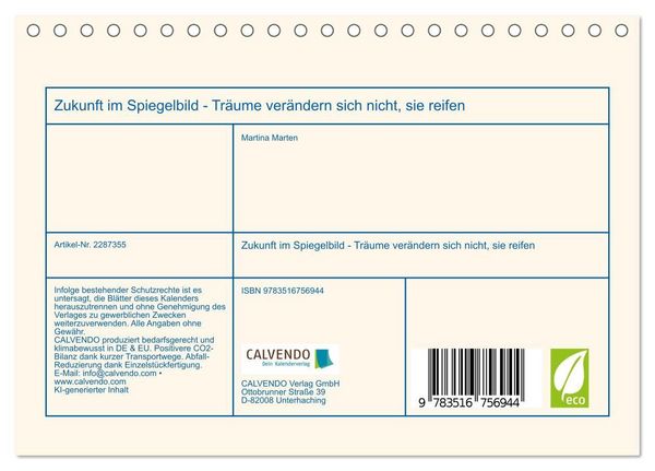 Produktbild: Zukunft im Spiegelbild - Tr&auml;ume ver&auml;ndern sich nicht, sie reifen (Tischkalender 2027 DIN A5 quer), CALVENDO Monatskalender