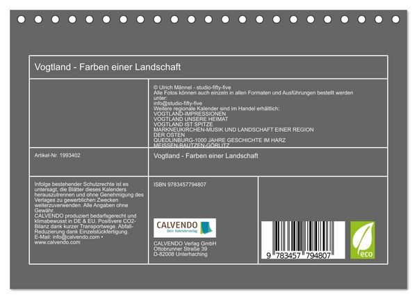 Produktbild: Vogtland - Farben einer Landschaft (Tischkalender 2026 DIN A5 quer), CALVENDO Monatskalender