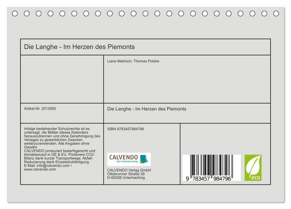 Produktbild: Die Langhe - Im Herzen des Piemonts (Tischkalender 2026 DIN A5 quer), CALVENDO Monatskalender