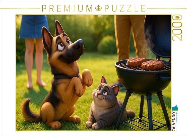 CALVENDO Puzzle Gibt es was für uns? - Schäferhund und Katze betteln am Grill | 2000 Teile Lege-Größe 90x67cm Foto-Puzzle für glückliche Stunden