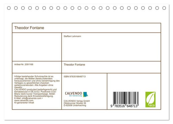 Produktbild: Theodor Fontane (Tischkalender 2026 DIN A5 quer), CALVENDO Monatskalender