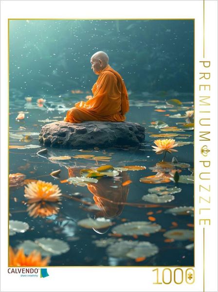 CALVENDO Puzzle Klang der Stille - buddhistischer Mönch meditiert im See | 1000 Teile Lege-Größe 64x48cm Foto-Puzzle für glückliche Stunden