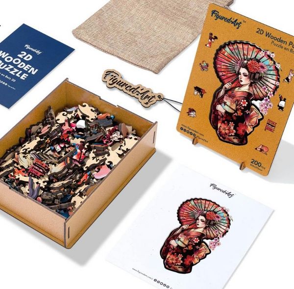 Produktbild: FiguredArt - Holzpuzzle Erwachsene - Geisha mit Sonnenschirm, 200 Teile, 26x39,5 cm