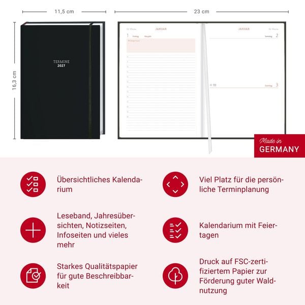 Produktbild: Tages-Kalenderbuch A6, schwarz 2027