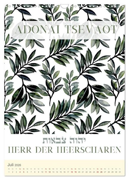 Produktbild: Hebr&auml;ische Namen Gottes aus der Torah (Wandkalender 2026 DIN A3 hoch), CALVENDO Monatskalender