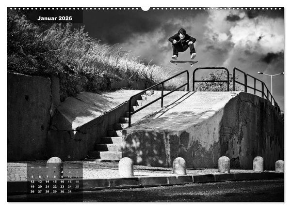 Produktbild: Skateboarden in Schwarz-Wei&szlig; (hochwertiger Premium Wandkalender 2026 DIN A2 quer), Kunstdruck in Hochglanz