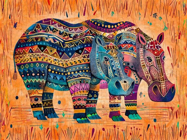 Produktbild: CALVENDO Puzzle Abstraktes Flusspferd mit Sonnenornament | 1000 Teile Lege-Gr&ouml;&szlig;e 64x48cm Foto-Puzzle f&uuml;r gl&uuml;ckliche Stunden