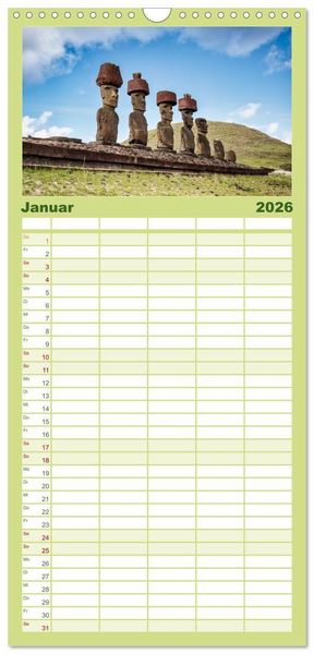 Produktbild: Familienplaner 2026 - Die Osterinsel &ndash; Mythen, Moai und wilde Sch&ouml;nheit mit 5 Spalten (Wandkalender, 21 x 45 cm) CALVENDO