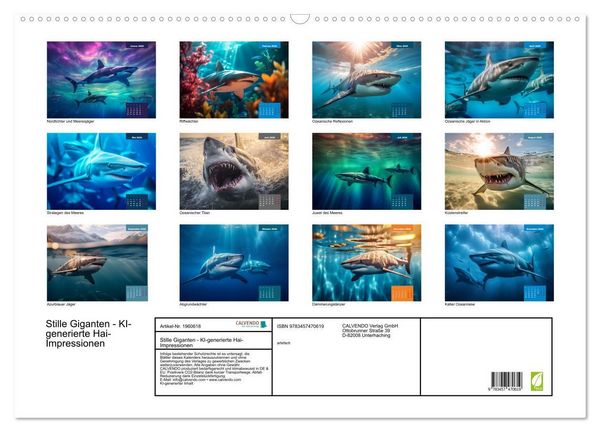 Produktbild: Stille Giganten - KI-generierte Hai-Impressionen (Wandkalender 2026 DIN A2 quer), CALVENDO Monatskalender