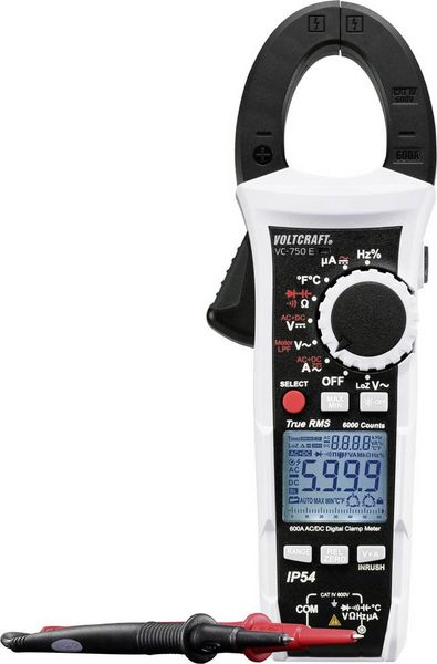 Produktbild: VOLTCRAFT VC-750 E Stromzange, Hand-Multimeter digital Spritzwassergesch&uuml;tzt (IP54) CAT IV 600 V Anzeige (Counts): 6000