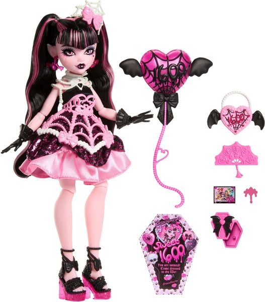 Produktbild: Monster High Scary Sweet Birthday Draculaura-Puppe im Partykleid mit Ballon und Geschenk