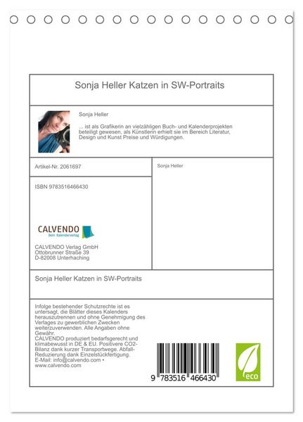 Produktbild: Sonja Heller Katzen in SW-Portraits (Tischkalender 2026 DIN A5 hoch), CALVENDO Monatskalender