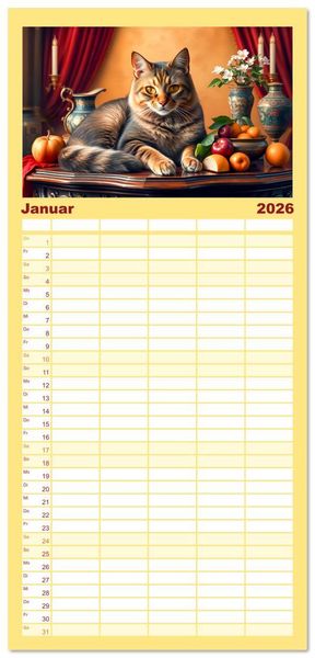 Produktbild: Familienplaner 2026 - Klassische Katzenportr&auml;ts - Katzen in opulenten Stillleben mit 5 Spalten (Wandkalender, 21 x 45 cm) CALVENDO