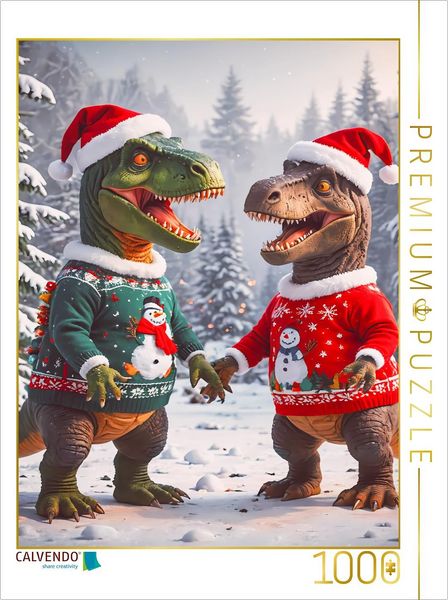 CALVENDO Puzzle Zwei Dinos haben Spaß im weihnachtlichen Schnee | 1000 Teile Lege-Größe 64x48cm Foto-Puzzle für glückliche Stunden