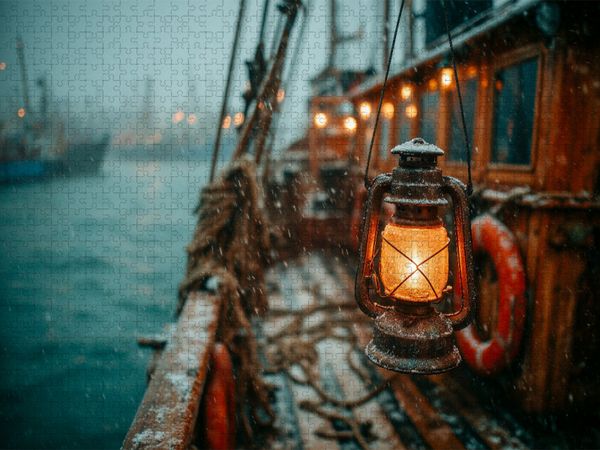 Produktbild: CALVENDO Puzzle Gl&uuml;hende Laterne auf Kutter im Sturm | 1000 Teile Lege-Gr&ouml;&szlig;e 64x48cm Foto-Puzzle f&uuml;r gl&uuml;ckliche Stunden