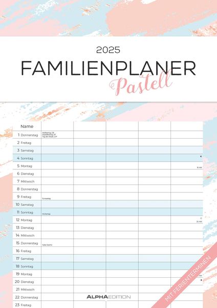 Familienplaner Pastell 2025 - Familienkalender A3 (29,7x42 cm) - mit 5 Spalten, Ferienterminen (DE/AT/CH) und viel Platz