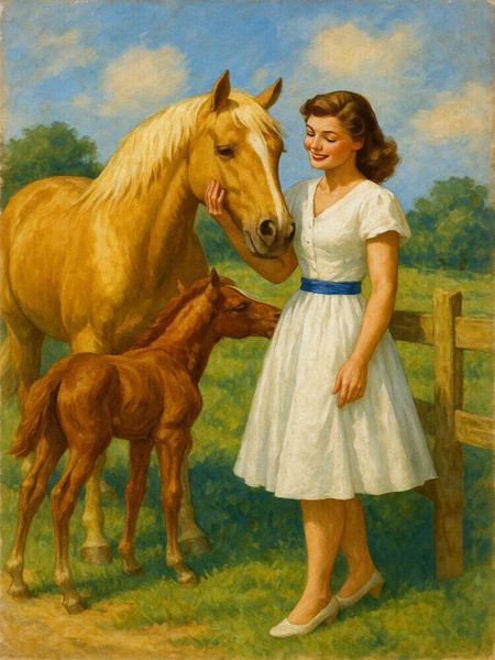 Produktbild: CALVENDO Puzzle Besuch auf der Weide - Frau der 50er Jahre mit Pferden | 1000 Teile Lege-Gr&ouml;&szlig;e 64x48cm Foto-Puzzle f&uuml;r gl&uuml;ckliche Stunden