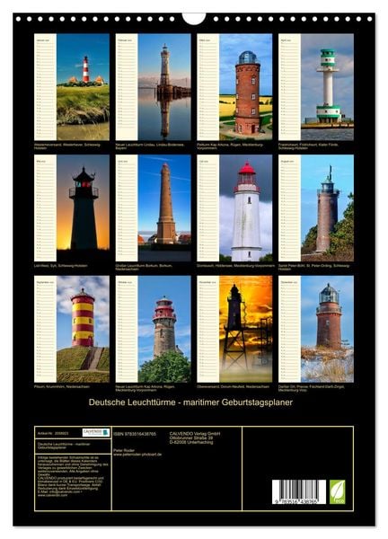 Produktbild: Deutsche Leuchtt&uuml;rme - maritimer Geburtstagsplaner (Wandkalender 2026 DIN A3 hoch), CALVENDO Monatskalender
