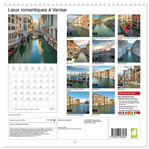 Produktbild: Lieux romantiques &agrave; Venise (Calendrier mural carr&eacute; 2026 30x30 cm) Calendrier double avec une page pour vos prises de notes