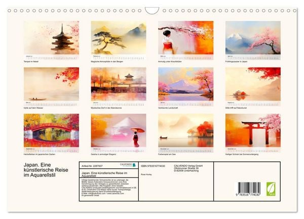 Produktbild: Japan. Eine k&uuml;nstlerische Reise im Aquarellstil (Wandkalender 2027 DIN A3 quer), CALVENDO Monatskalender