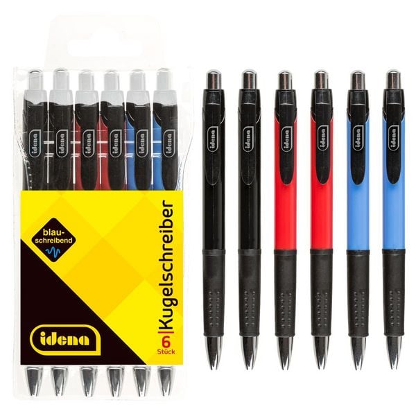 Produktbild: Idena Kugelschreiber blauschreibend schwarz/rot/blau 14cm 6 St&uuml;ck