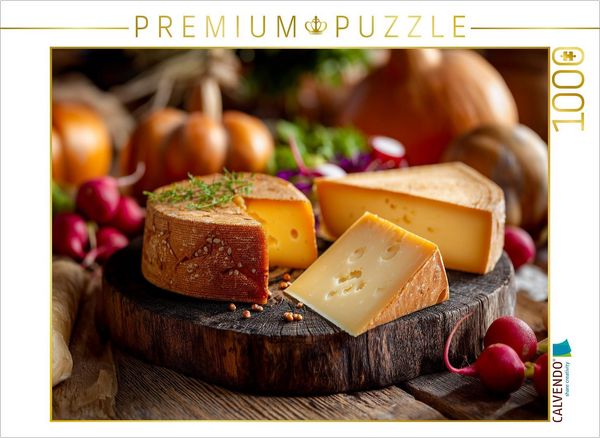 CALVENDO Puzzle Gouda Käse auf rustikalem Holzbrett mit Gemüse | 1000 Teile Lege-Größe 64x48cm Foto-Puzzle für glückliche Stunden